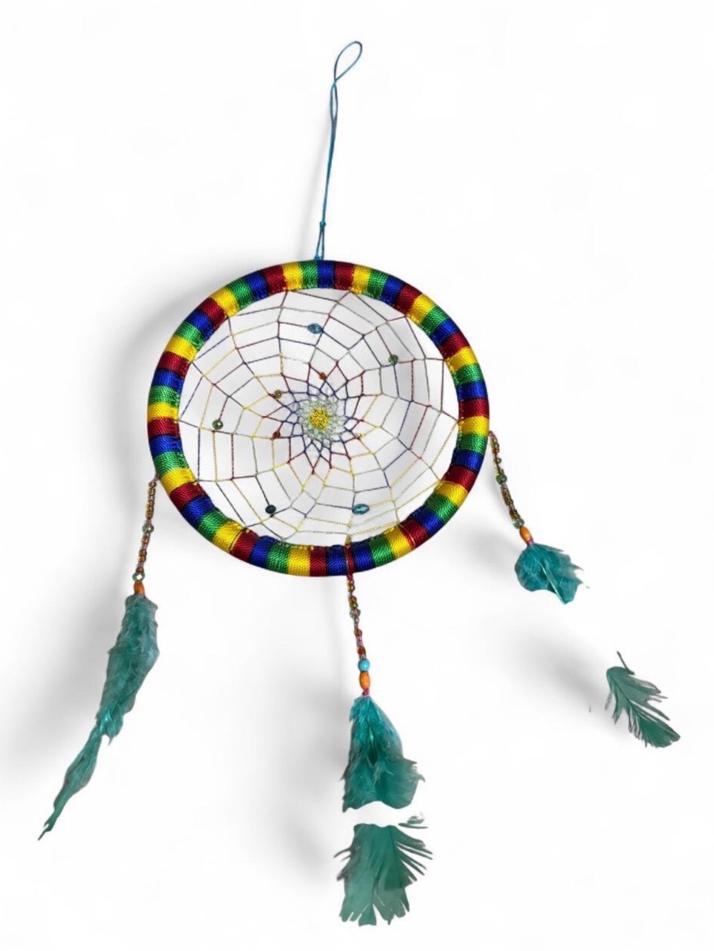 dream catcher with rainbow-colored beaded hoop and turquoise feathers